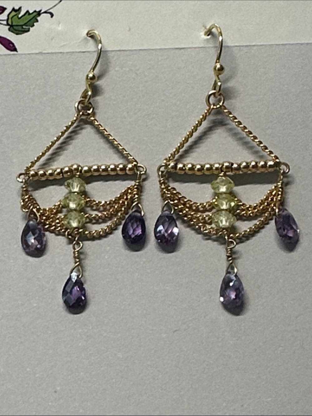 Gold Tone Chandelier Earrings with Purple Teardrop and Pale Green Beads